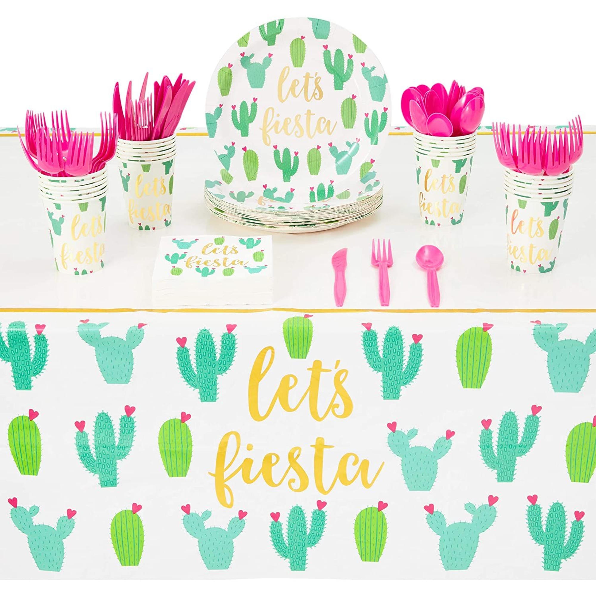 145 Pieces Let's Fiesta Party Supplies, Cactus Plates, Napkins, Cups,  Cutlery, Tablecloth for Birthday, Bachelorette Decorations (Serves 24)